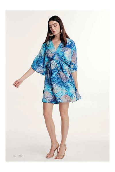 LaraLisa Collection Patterned V-Neck Three-Quarter Sleeve Elastic Waist Slit Women's Summer Dress