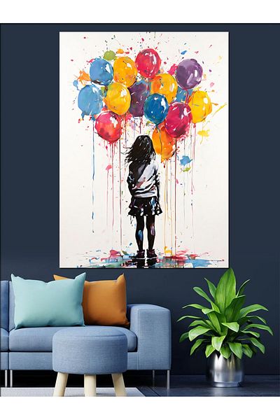 Tablomega Colorful Flying Balloons and Girl Decorative Canvas - Mdf Wooden Painting
