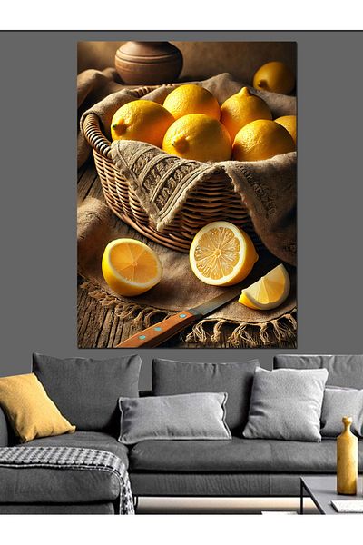 Tablomega Yellow Lemon Basket and Simplicity Decorative Canvas - Mdf Wooden Table