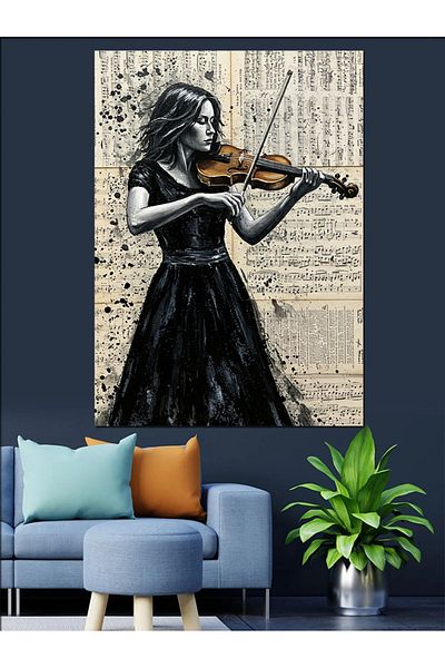 Tablomega Femeie care cântă pe vioară și partituri Canvas Decorative - MDF Wood Table