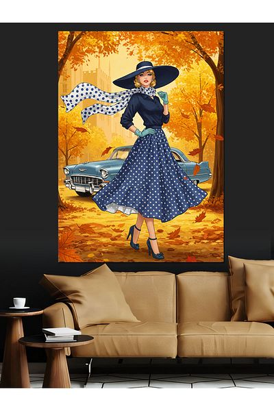 Tablomega Autumn Woman and Blue Dress Decorative Canvas - Mdf Wood Painting