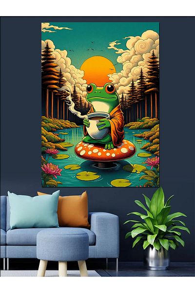 Tablomega Frog Drinking Coffee on Mushroom Decorative Canvas - Mdf Wooden Painting
