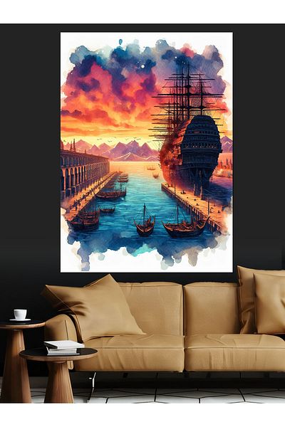 Tablomega Canvas Decorativ Mare Navă Munte și Nori - Lemn MDF