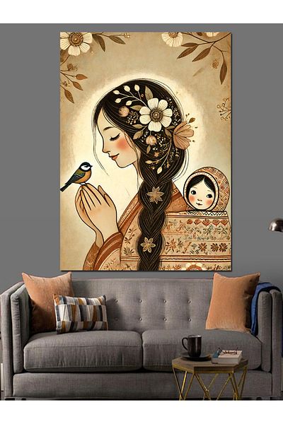 Tablomega Woman with Bird Portrait Decorative Canvas - Mdf Wooden Painting