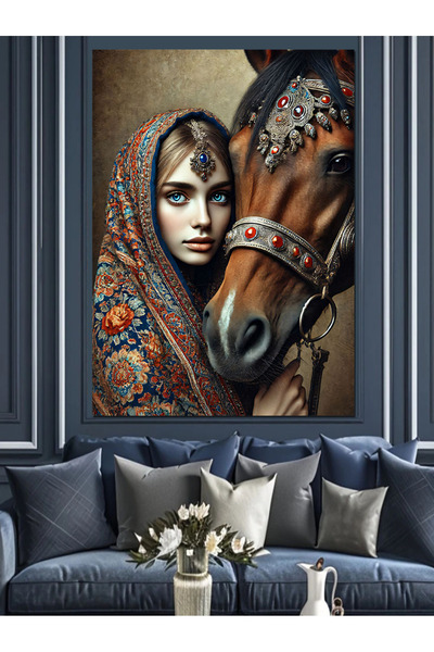Tablo Mega At ve Kadın Portresi Dekoratif Kanvas - Mdf Ahşap Tablo