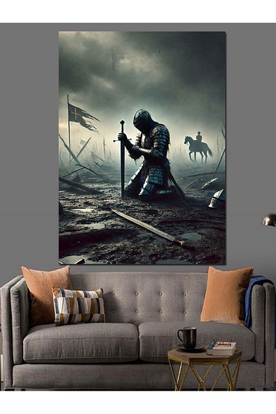 Tablomega Kneeling Knight in Battle Decorative Canvas - Mdf Wooden Painting