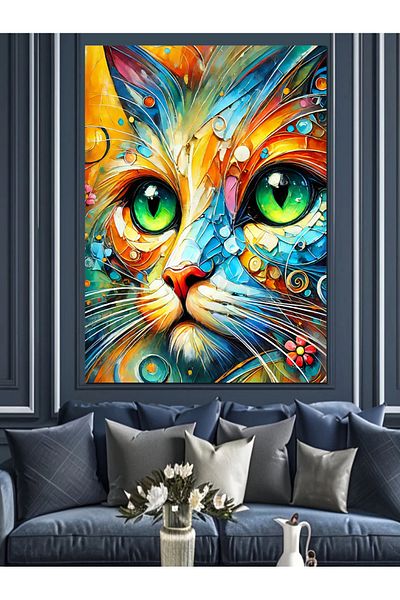 Tablomega Colorful Cat and Shiny Eyes Decorative Canvas - Mdf Wooden Painting