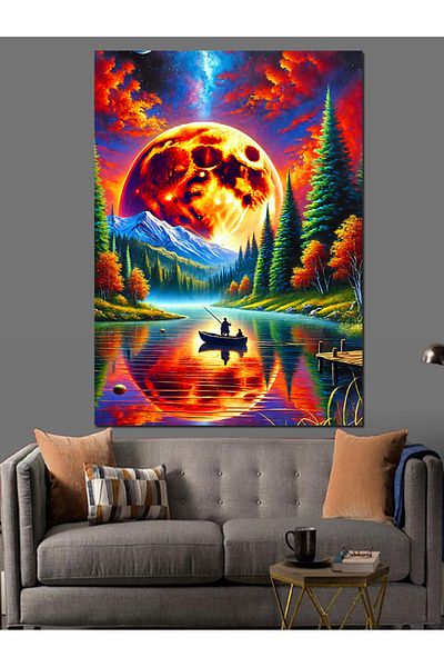 Tablomega Pânză decorativă cu lună colorată și peisaj de canoe - pictură din lemn MDF