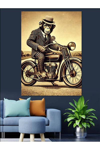 Tablomega Monkey and Retro Motorcycle Decorative Canvas - Mdf Wooden Painting