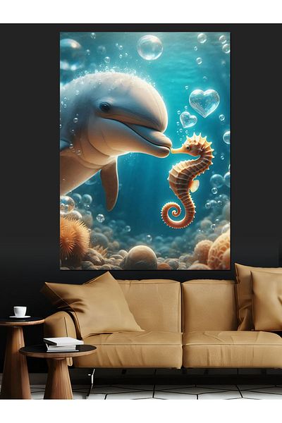 Tablomega Dolphin and Seahorse Decorative Canvas - Mdf Wooden Painting