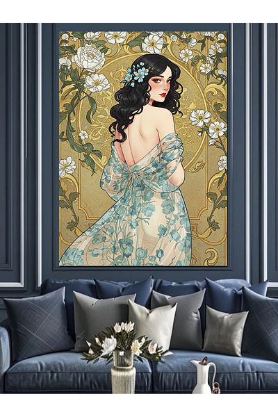 Tablomega Femei elegante și fundal floral pânză decorativă - masă din lemn MDF