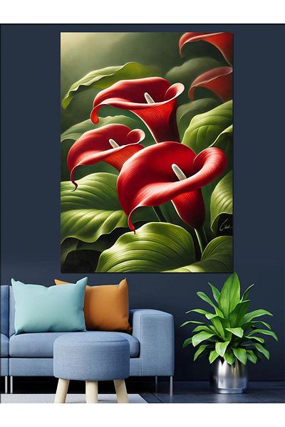 Tablomega Red Calla Lily Flowers Decorative Canvas - Mdf Wooden Painting