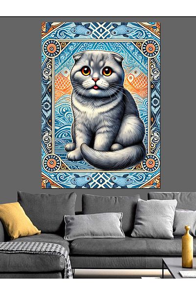 Tablomega Cute Cat in Blue Frame Decorative Canvas - Mdf Wooden Painting