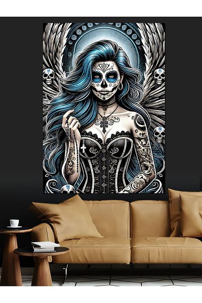 Tablomega Gothic Woman and Flowers Decorative Canvas - Mdf Wooden Painting