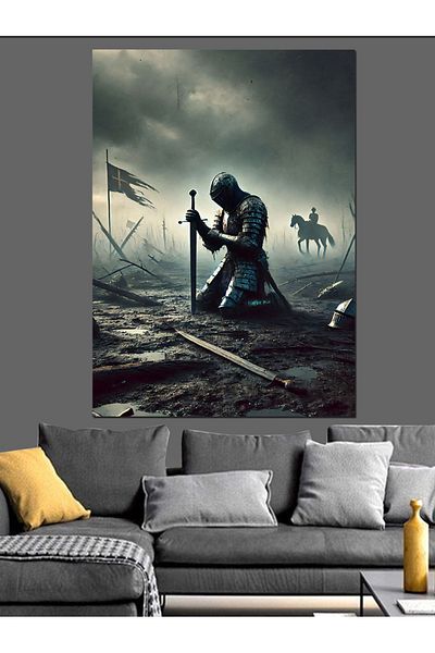 Tablomega Kneeling Knight in Battle Decorative Canvas - Mdf Wooden Painting