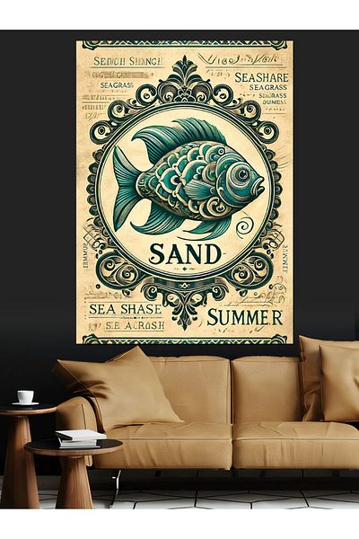 Tablomega Διακοσμητικός καμβάς με αφίσα Sea Fish and Sand - Ξύλινος πίνακας MDF