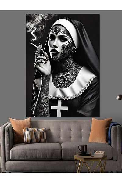 Tablomega Pânză decorativă cu ilustrație de călugăriță tatuată - pictură din lemn MDF