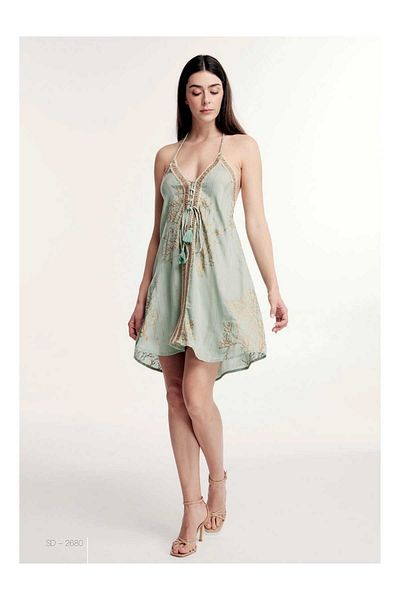 LaraLisa Collection Back Low-Cut Rope Strap Varak Patterned Women's Summer Dress
