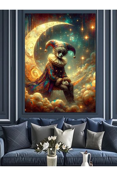 Tablomega Pânză decorativă de clovn trist șezând pe lună - pictură din lemn MDF