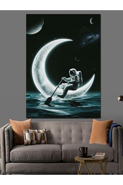 Tablomega Astronaut Rowing on the Moon Decorative Canvas - Mdf Wooden Painting