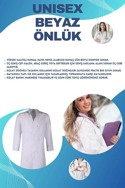 Kardelen Long Sleeve White Apron for Doctor, Nurse, Teacher and Pharmacists