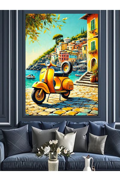 Tablomega Yellow Motorcycle and Street Decorative Canvas - Mdf Wooden Painting