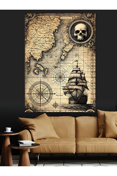 Tablomega Harta piratilor si naveta antică pânză decorativă - pictură din lemn MDF