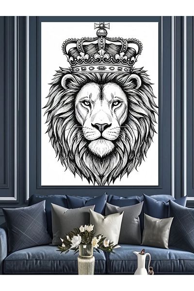 Tablomega Crowned Lion Drawing Decorative Canvas - Mdf Wooden Painting
