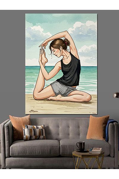 Tablomega Femeie care face yoga pe plaja Pânză decorativă - Lemn MDF
