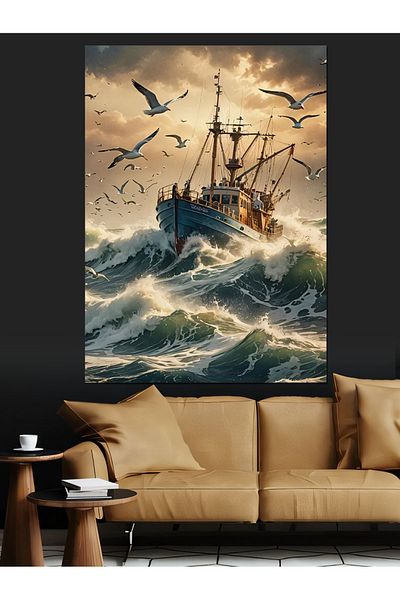 Tablomega Boat in Seagulls and Stormy Sea Decorative Canvas - Mdf Wooden Painting