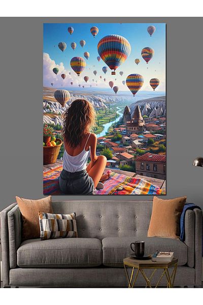 Tablomega Διακοσμητικός καμβάς Cappadocia And Flying Balloons - Ξύλινος πίνακας MDF