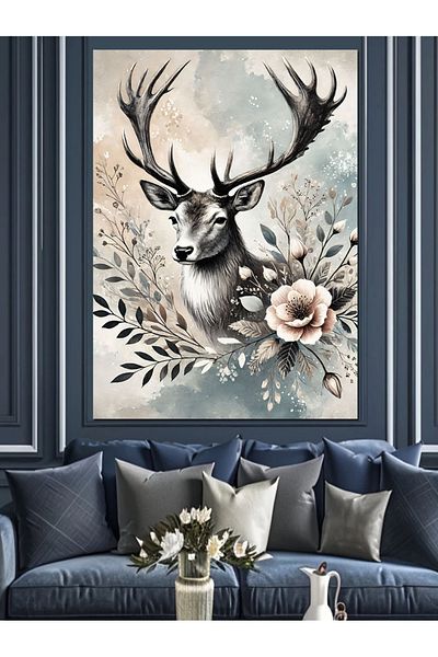 Tablomega Deer Portrait with Flowers Decorative Canvas - Mdf Wooden Painting