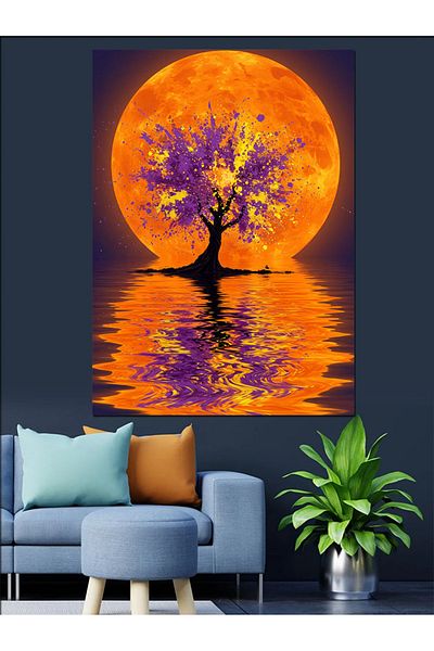 Tablomega Orange Full Moon and Tree Decorative Canvas - Mdf Wooden Painting