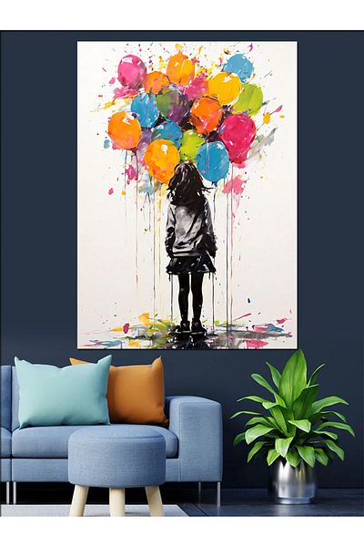 Tablomega Colorful Balloons and Girl Decorative Canvas - Mdf Wooden Painting