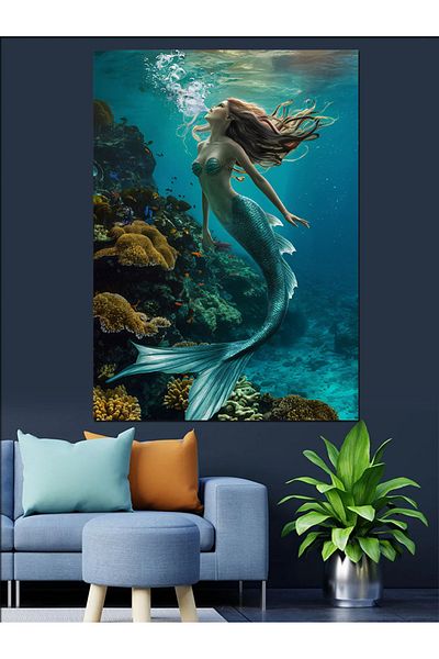 Tablomega Green Mermaid under the Sea Decorative Canvas - Mdf Wooden Painting