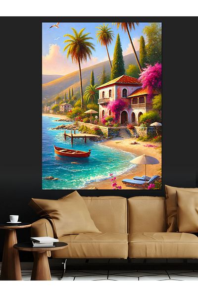 Tablomega Coastă mediteraneană și case colorate Pânză decorativă - Lemn MDF