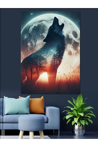 Tablomega Διακοσμητικός καμβάς Howling Wolf Under the Moonlight - Ξύλινος πίνακας MDF