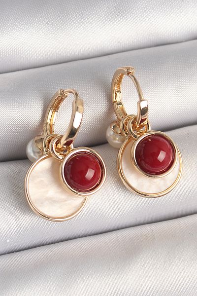 Clariss Brass Gold Color Dangle White Enameled Claret Red Detail Women's Earrings