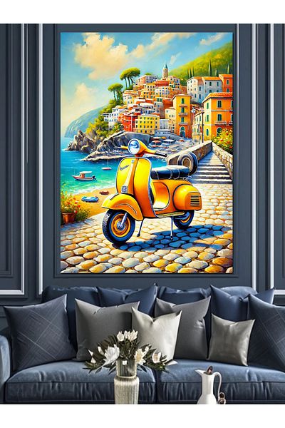 Tablomega Vespa Galbenă și Străzi Mediteraneene Pânză Decorativă - Lemn MDF Pictură