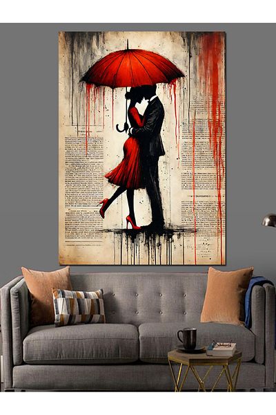 Tablomega Red Umbrella Couple Decorative Canvas - Mdf Wooden Table