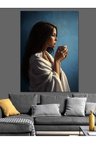 Tablomega Femeie care băut cafea Pânză decorativă - Lemn MDF