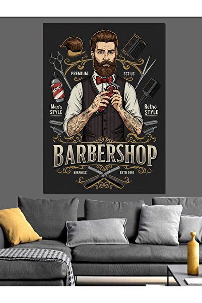 Tablo Mega Barber Shop ve Retro Berber Posteri Dekoratif Kanvas - Mdf Ahşap Tablo