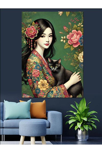 Tablomega Pânză decorativă japoneză cu pisică - Lemn MDF