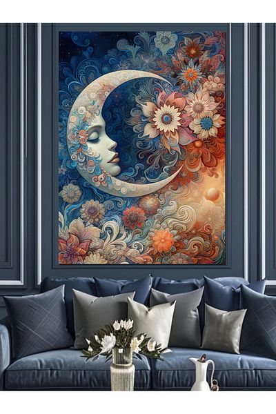 Tablomega Moon and Flowers Decorative Canvas - Mdf Wooden Painting