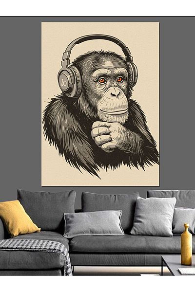 Tablomega Monkey with Headphones Drawing Decorative Canvas - Mdf Wooden Painting