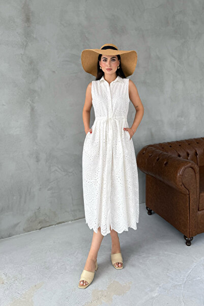 Seda Yalçın Atelier Rochie albă cu mâneci zero, cu talie, brodată