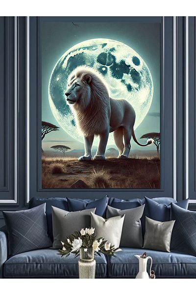 Tablomega Lion Alb în Lumină Lunii Pânză Decorativă - Lemn MDF