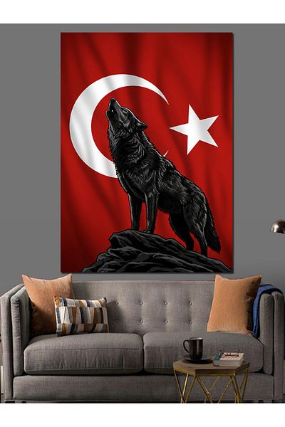 Tablomega Turkish Flag and Wolf Decorative Canvas - Mdf Wooden Painting