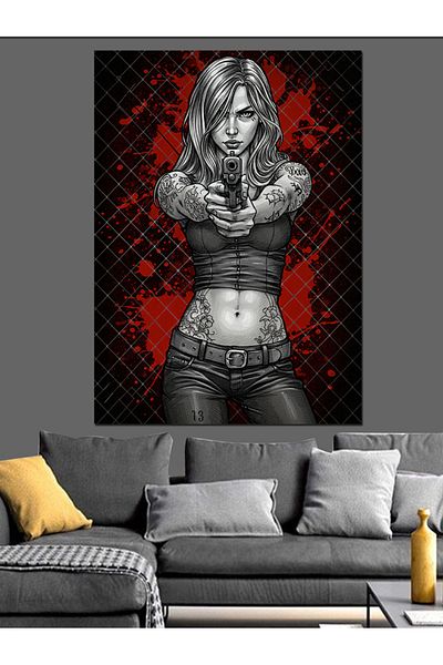 Tablomega Woman with a Gun and a Strong Tavir Decorative Canvas - Mdf Wood Painting