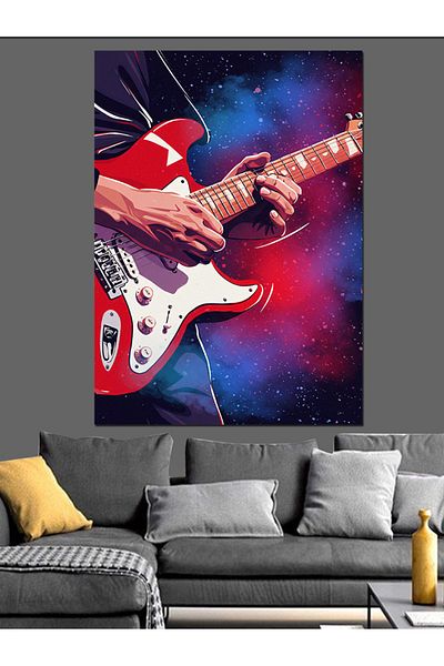 Tablomega Red Guitar and Cosmic Background Decorative Canvas - Mdf Wooden Painting